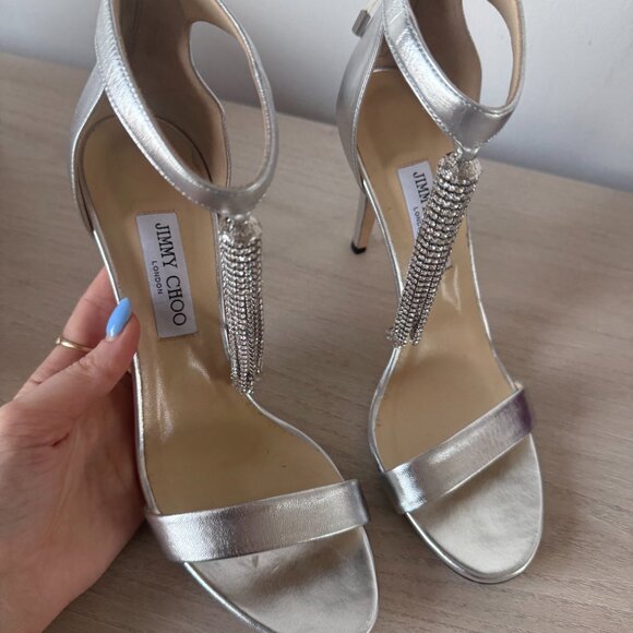 NWT Jimmy Choo Viola 100 Metallic Nappa Leather Crystal Chandelier Ankle Strap - Picture 7 of 16